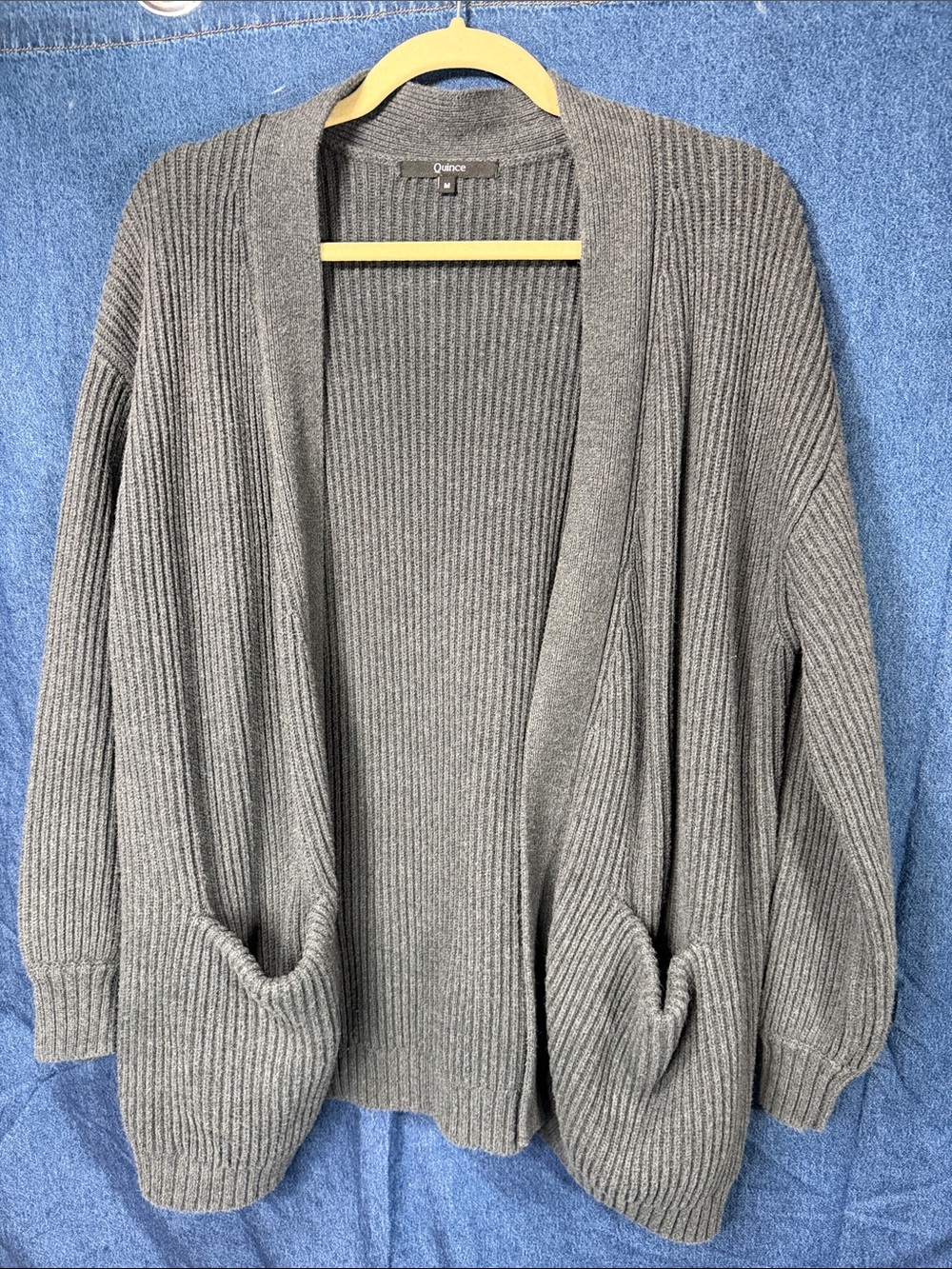 Quince Women's Charcoal Ribbed Open Cardigan with Pockets